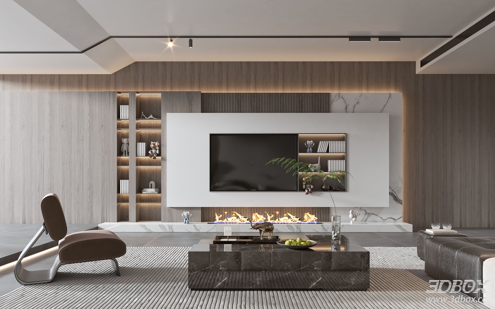 Modern Minimalist Luxury Living Room with TV Wall and Fireplace