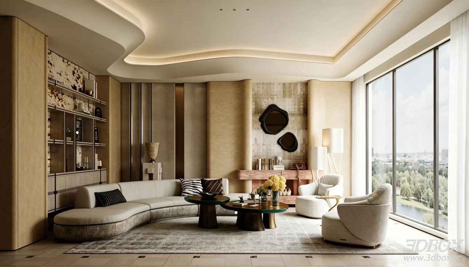 Italian Luxury Style Living Room with Curved Sofa and Coffee Table Set