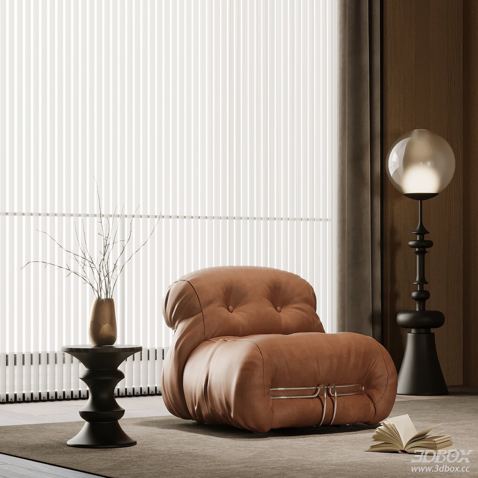 Vintage Leather Single Sofa with Side Table and Floor Lamp
