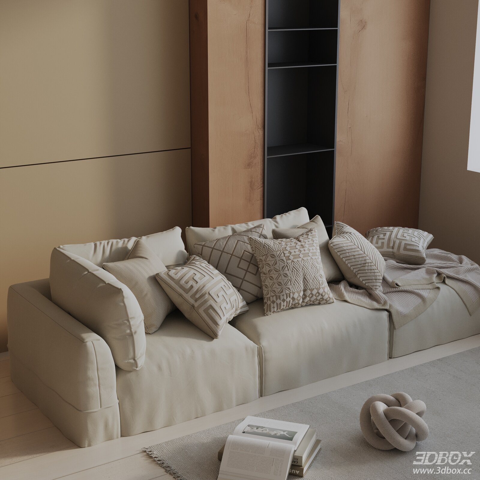 Modern Beige Fabric Modular Sofa with Decorative Pillows