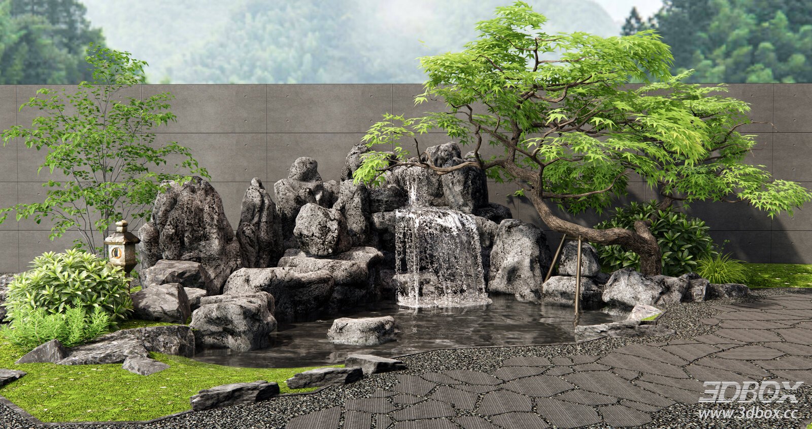 Zen Courtyard Landscape Rockery Waterfall Garden Scene