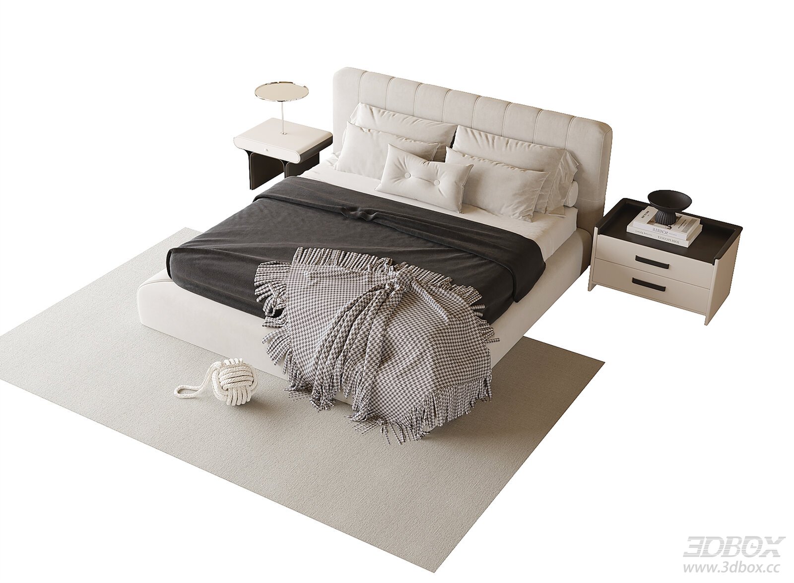 Modern Upholstered Double Bed with Nightstands and Carpet