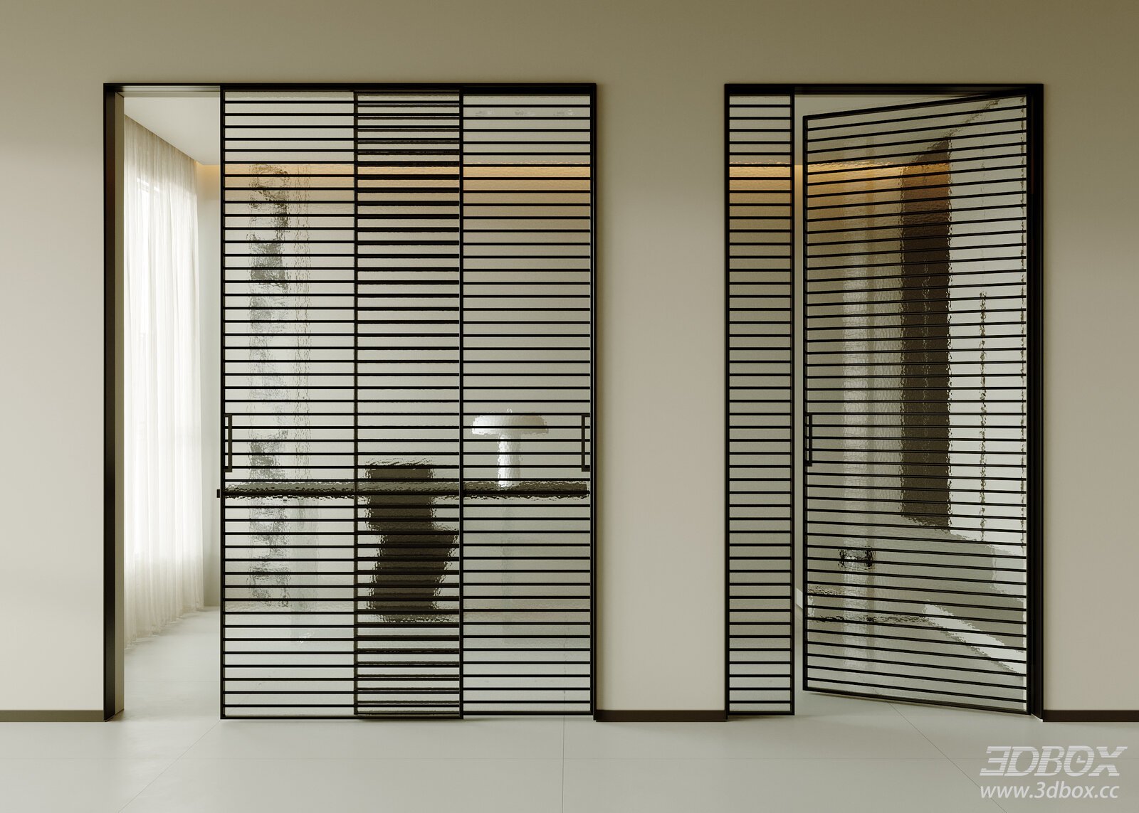 Modern Minimalist Fluted Glass Metal Frame Sliding Partition Door