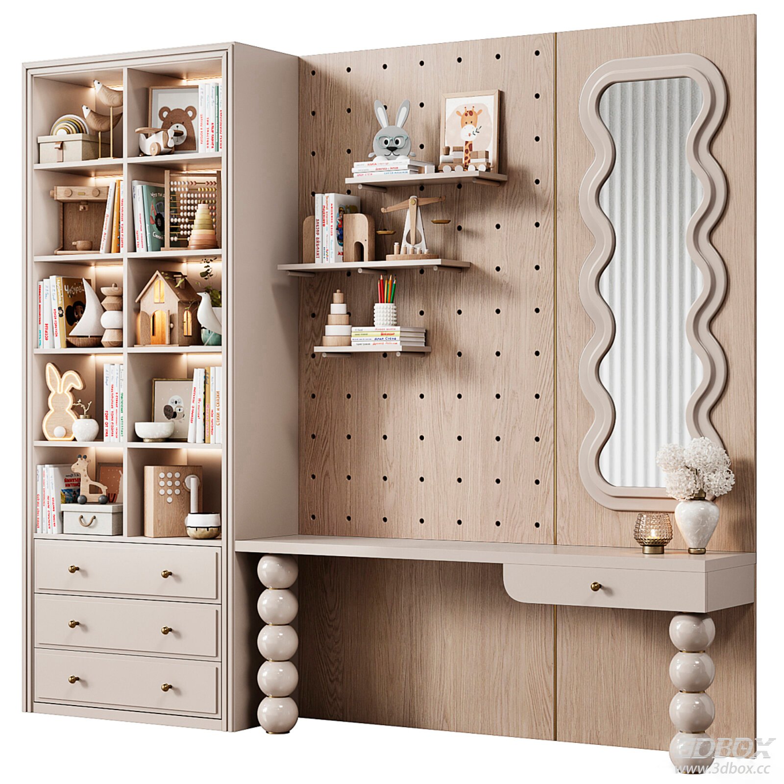 Modern Kids Sideboard Desk Bookshelf with Pegboard Mirror