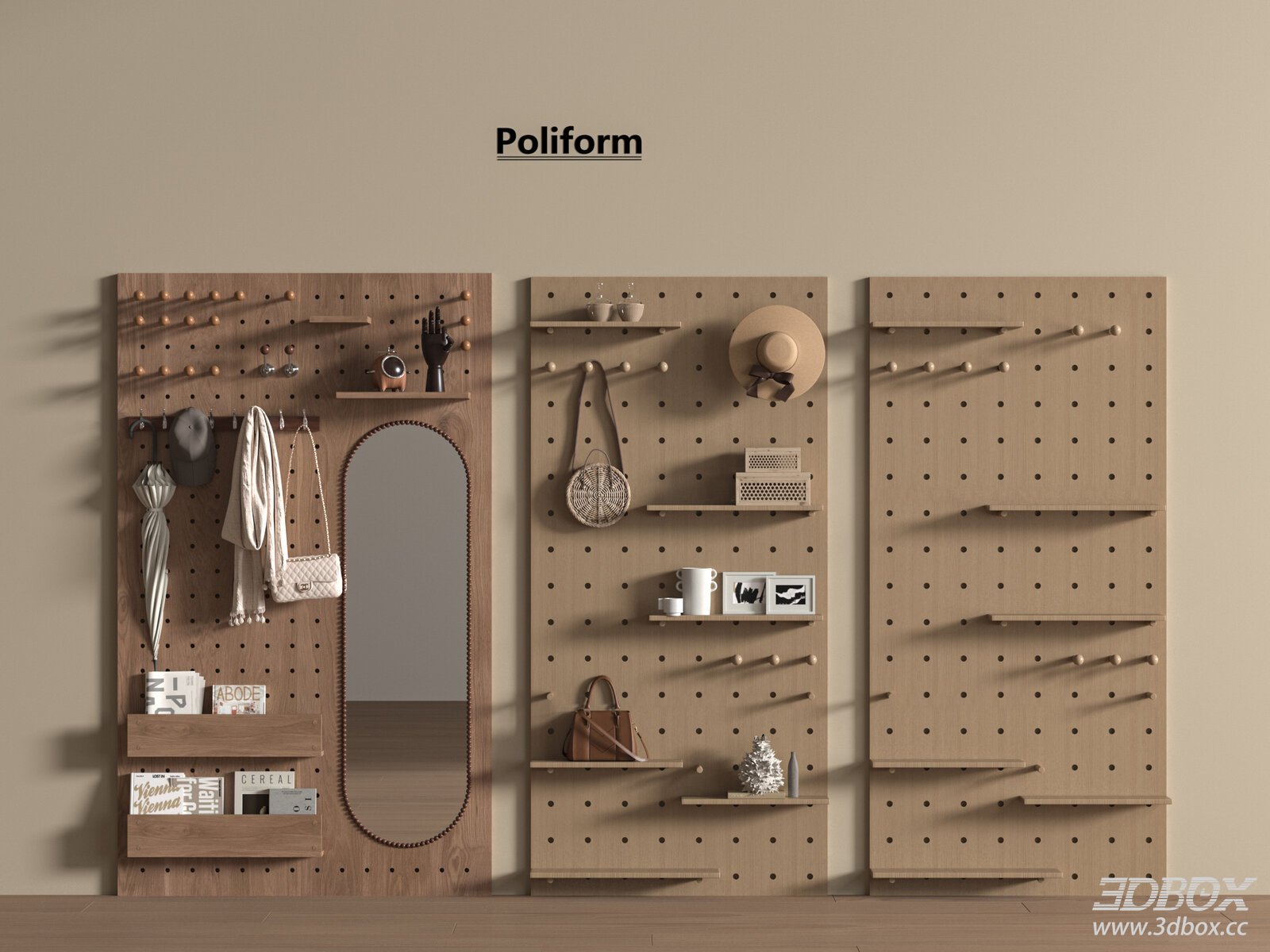 Modern Wooden Pegboard Wall Decor Set with Mirror and Shelves
