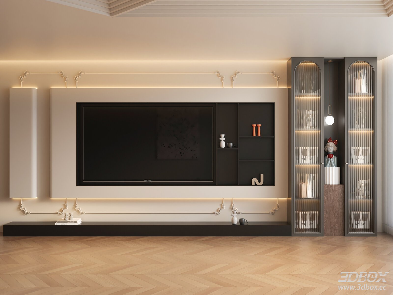 French Style Luxury TV Wall Unit with Display Cabinets
