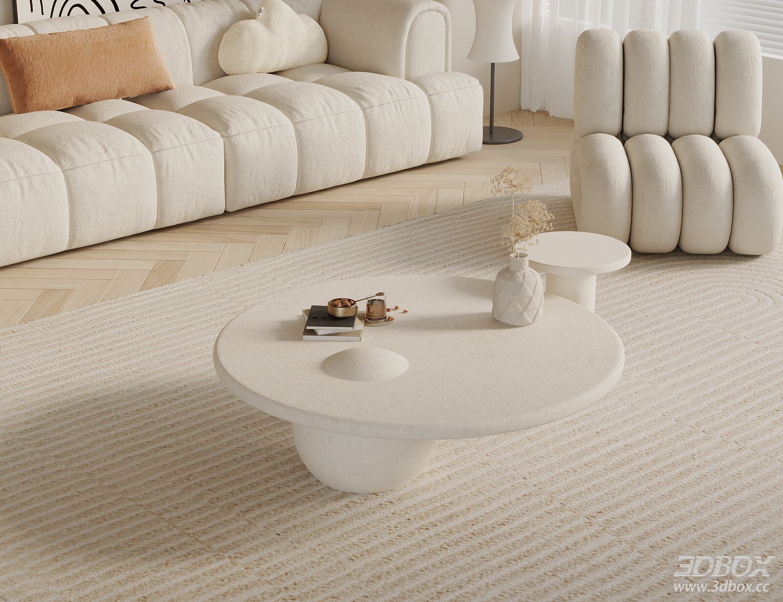 Modern Cream Style Textured Round Coffee Table Set
