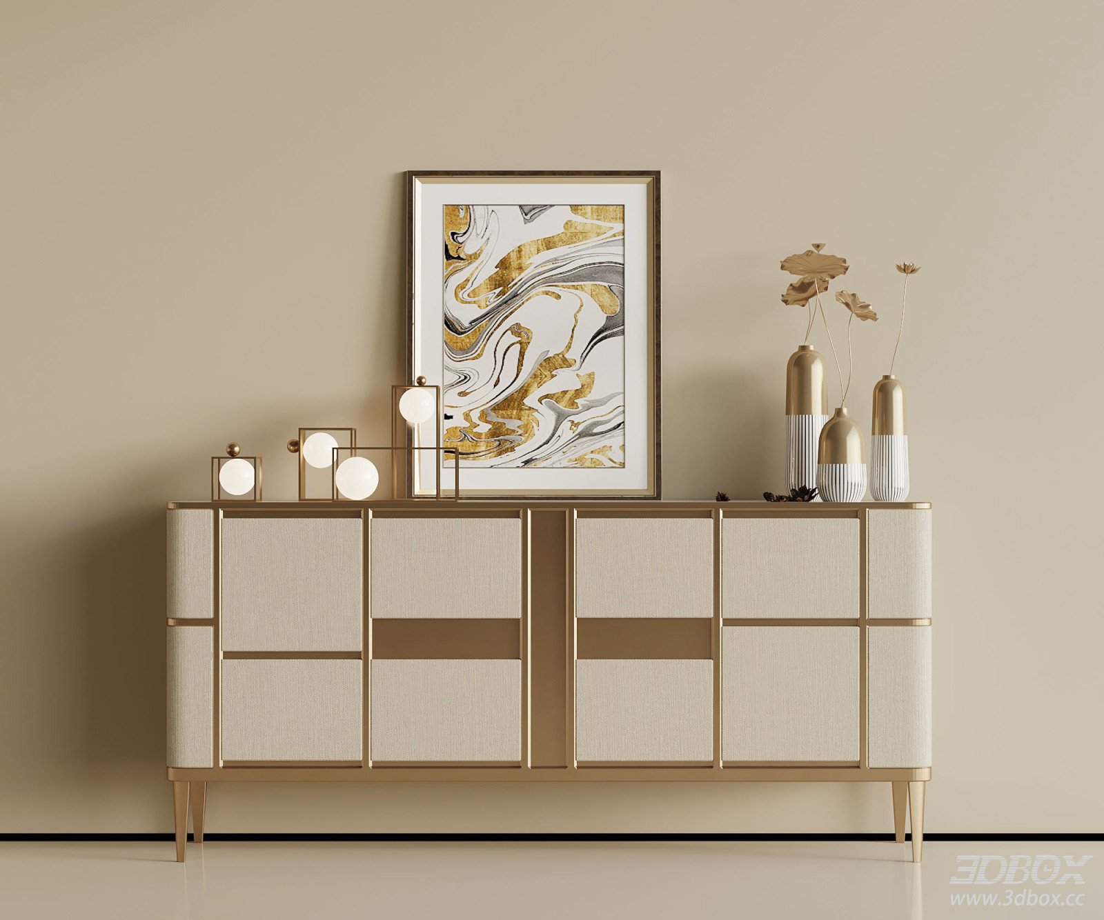 Modern Luxury Fabric Upholstered Sideboard with Gold Frame