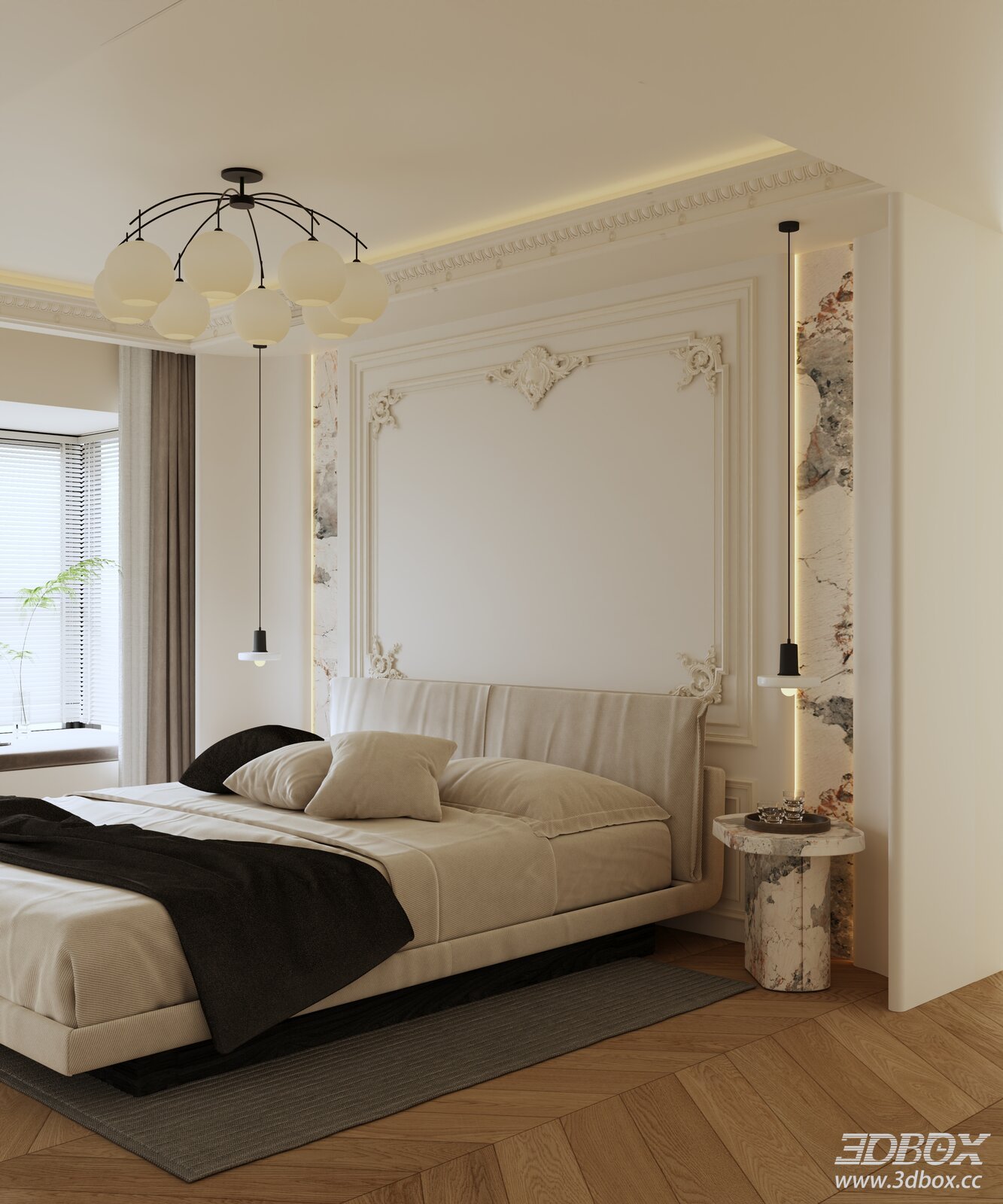 Cream Modern French Style Bedroom Interior Scene