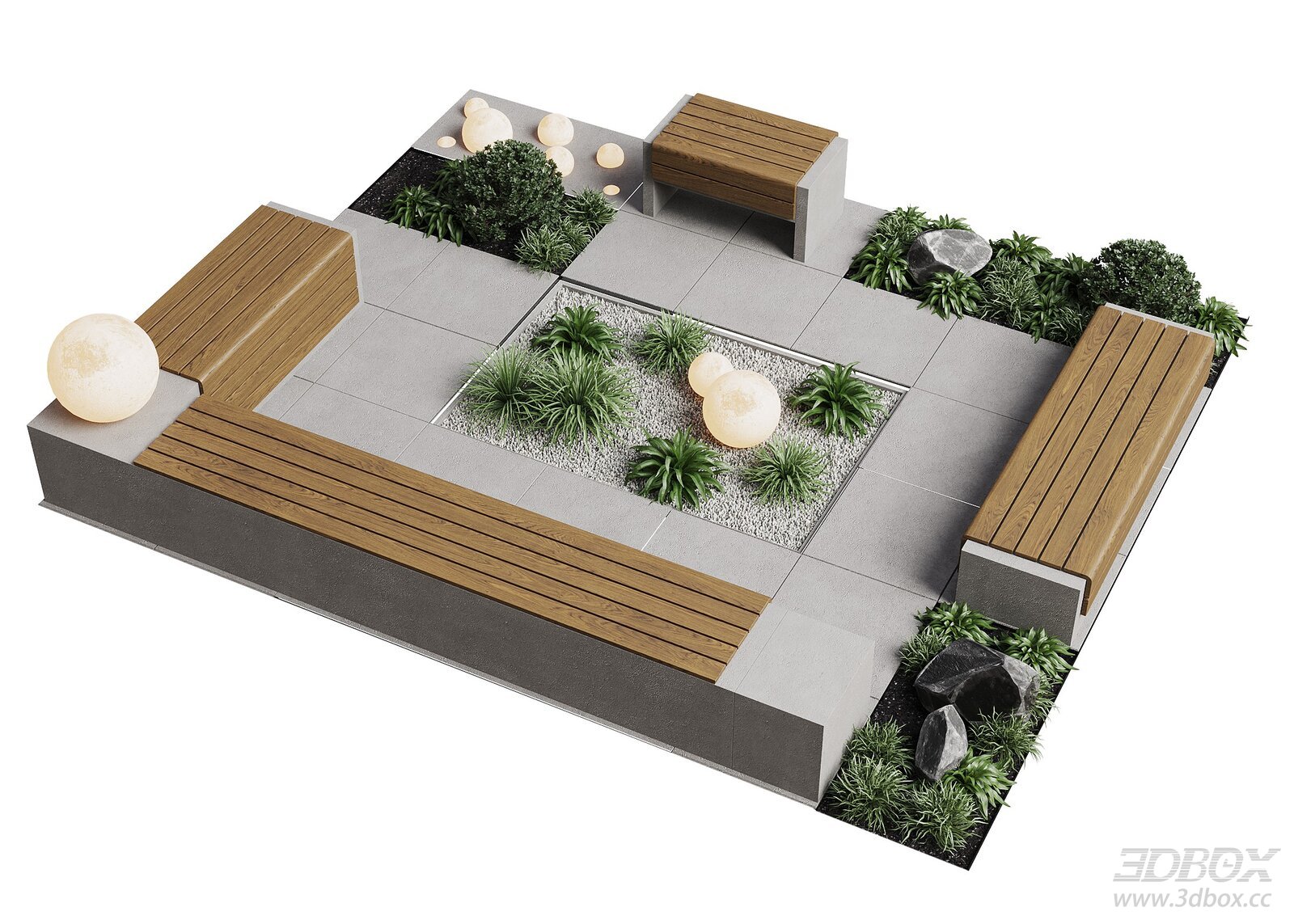 Modern Courtyard Landscape with Benches and Greenery