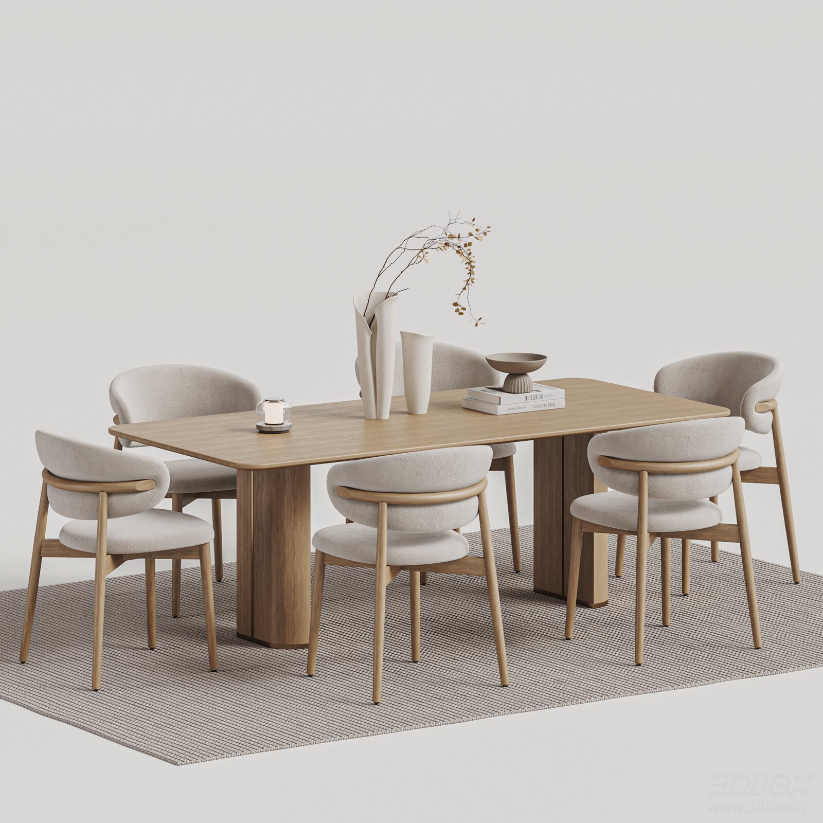 Natural Wood Style Dining Table and Fabric Chairs Set