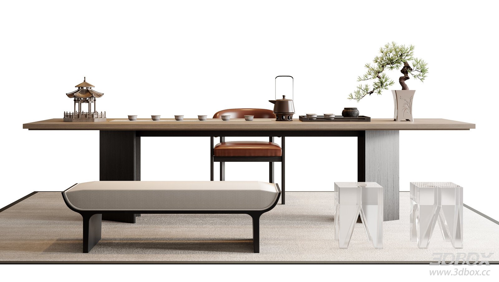 Modern Tea Table Set with Chairs and Bonsai Decor
