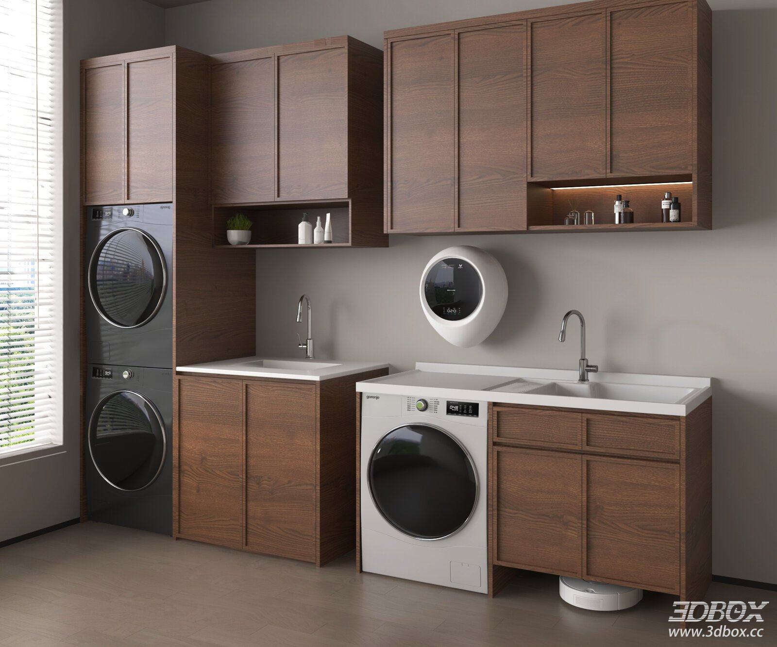 Mid-century Modern Walnut Laundry Cabinet with Washer Dryer
