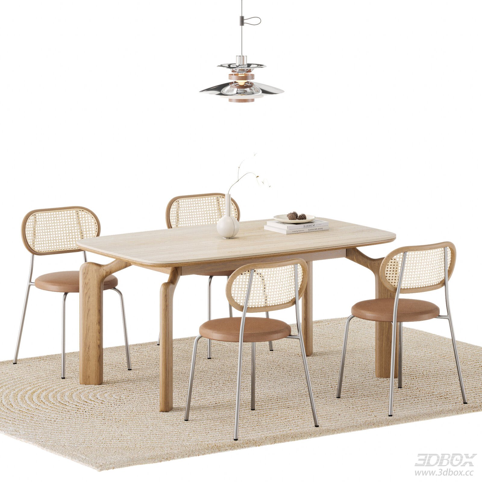 Cream Style Wooden Dining Table and Rattan Chairs Set