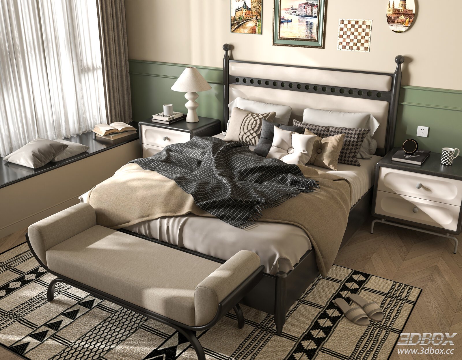 French Style Master Bedroom With Double Bed And Nightstands