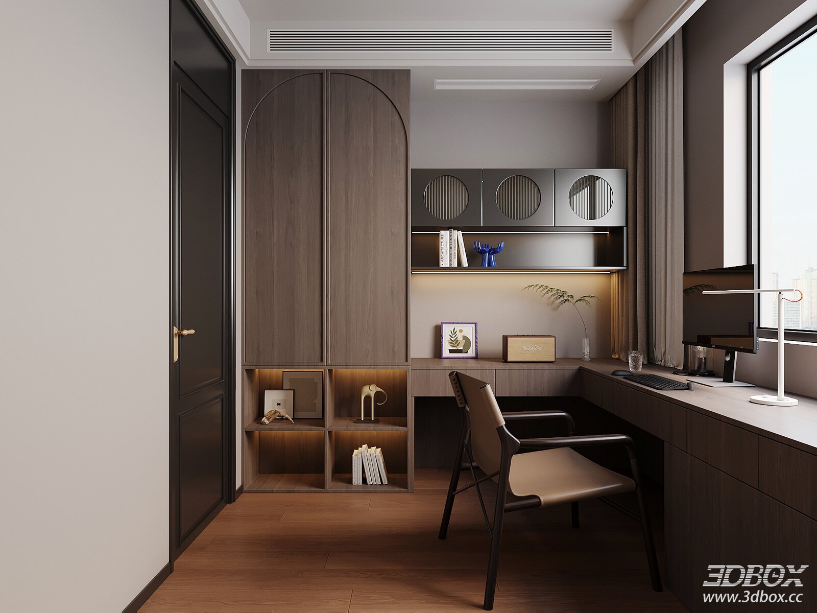 Modern Italian Style Study Work Room with Desk Bookshelf and Chair