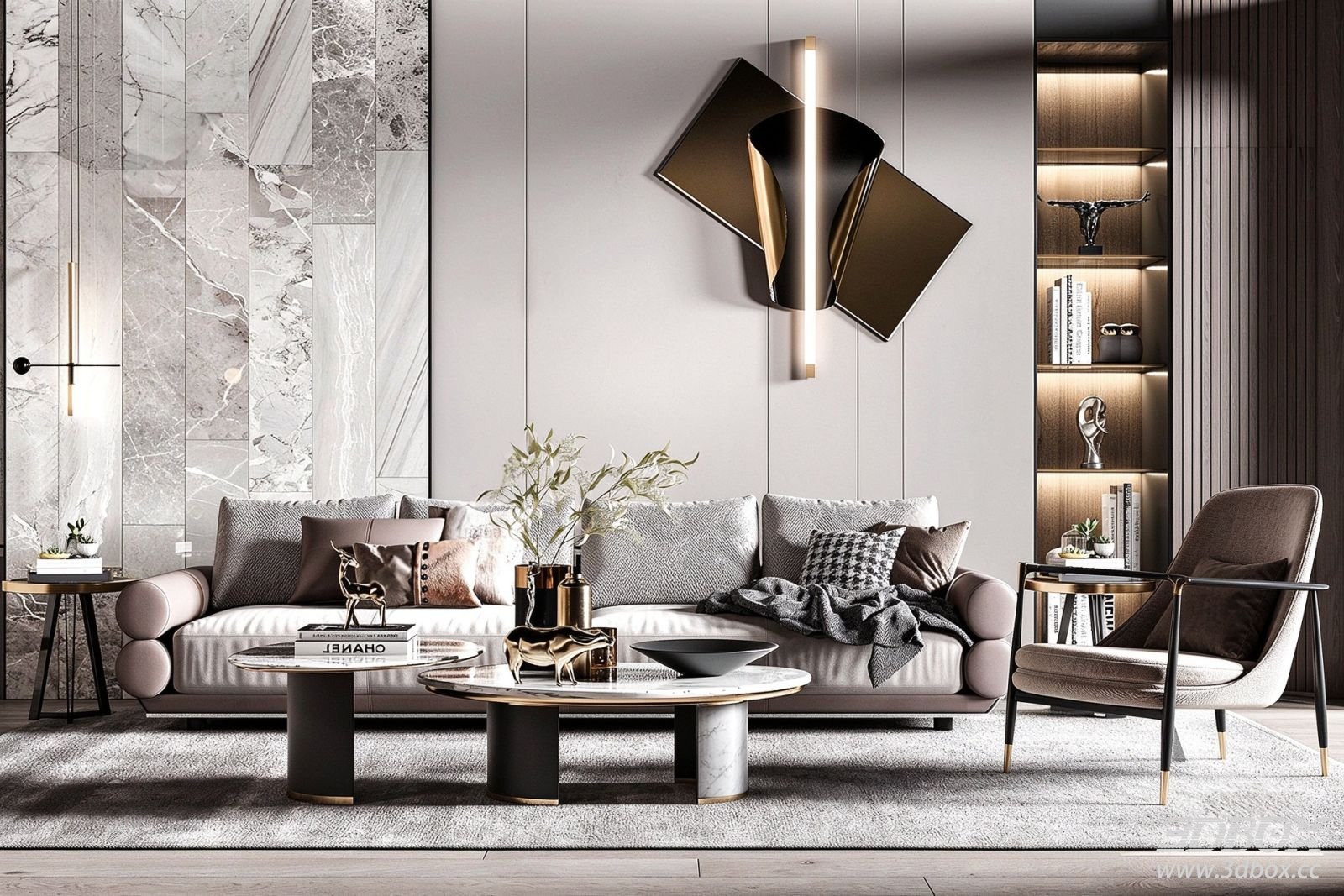 Modern Luxury Living Room with Sofa and Marble Coffee Tables