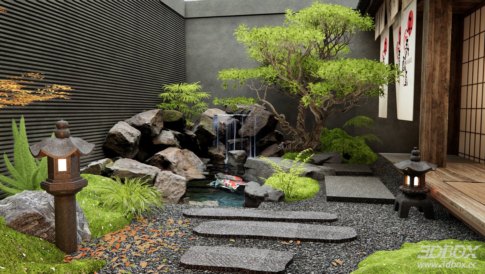 Japanese Zen Courtyard Garden with Koi Pond and Stone Lanterns