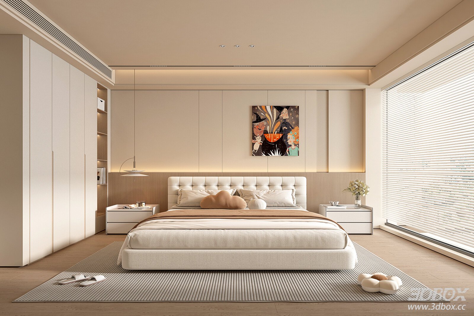 Modern Cream Style Minimalist Bedroom Interior Scene