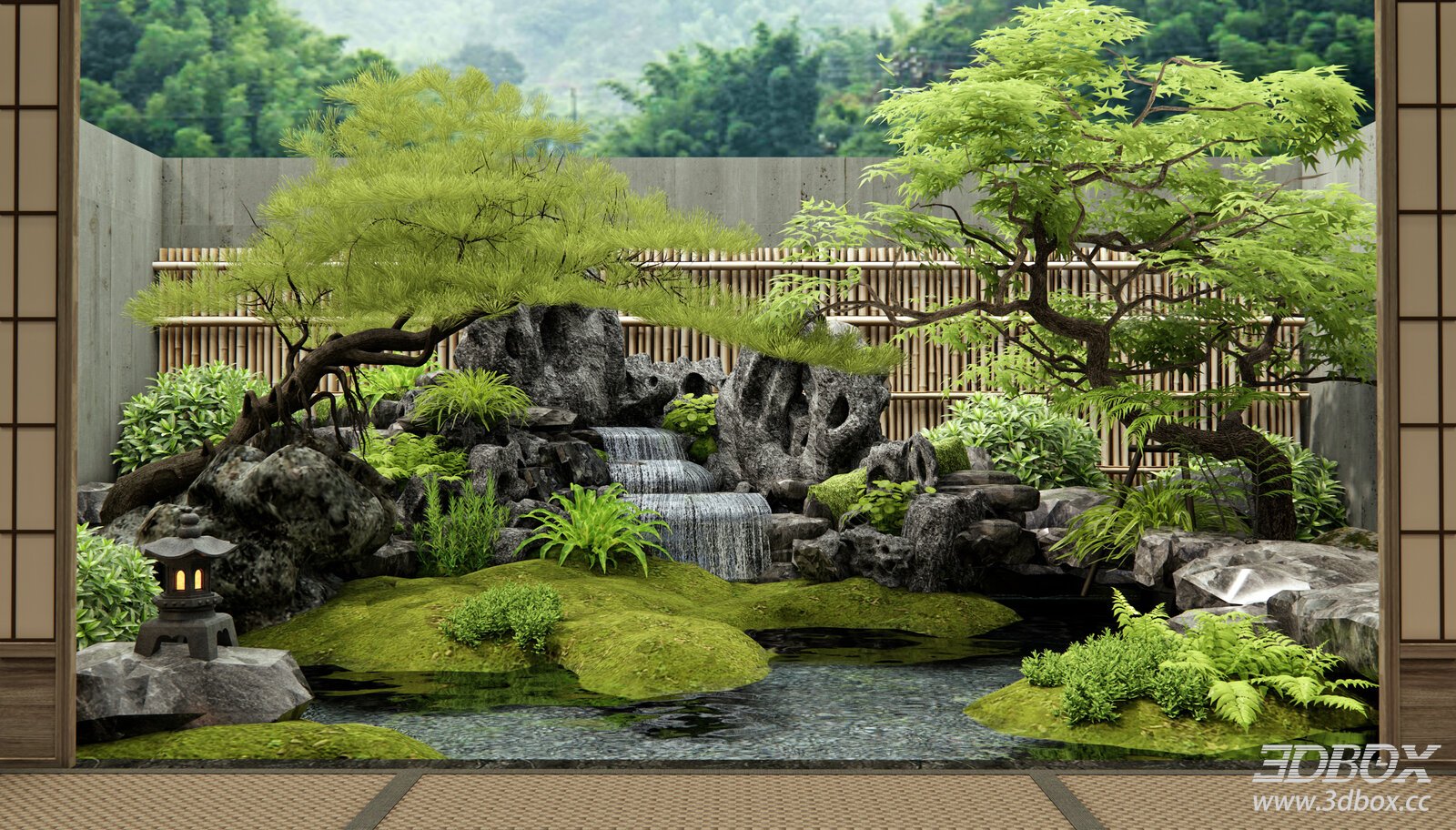 Japanese Zen Garden Landscape with Water Feature and Plants