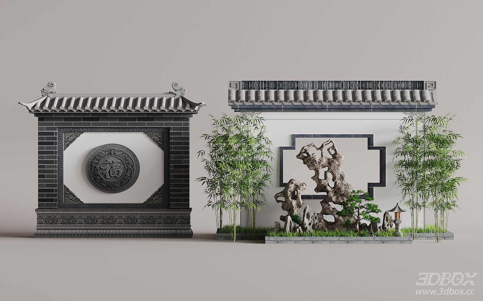 Chinese Traditional Landscape Screen Wall with Taihu Stone Bamboo