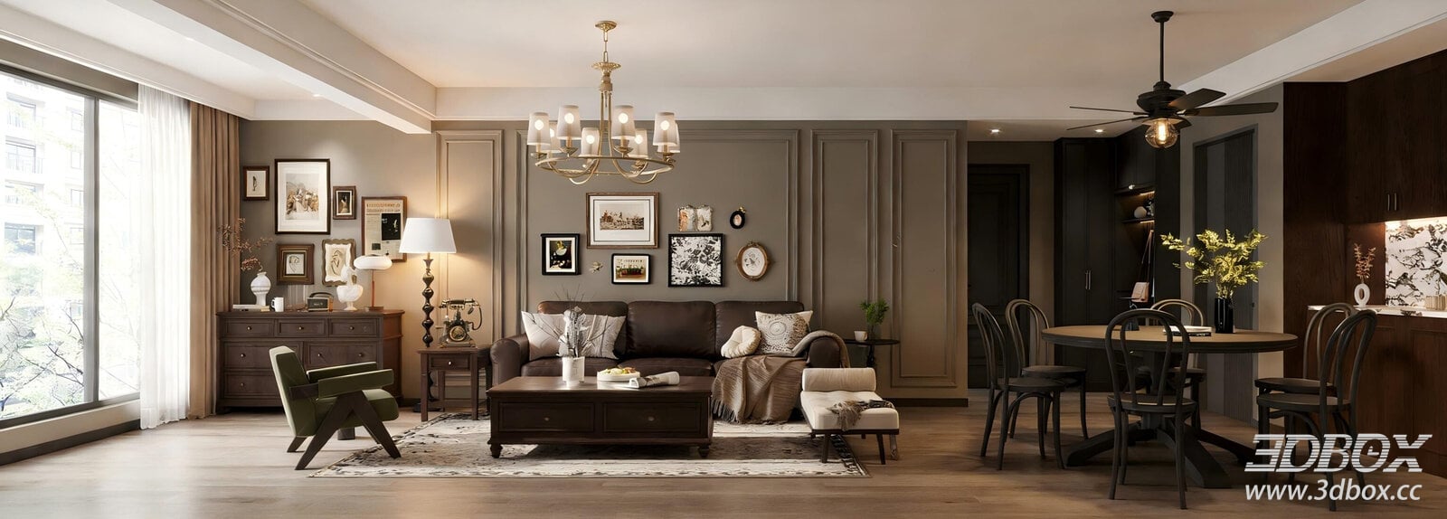 American Vintage Living Room Open Kitchen Dining Area Interior