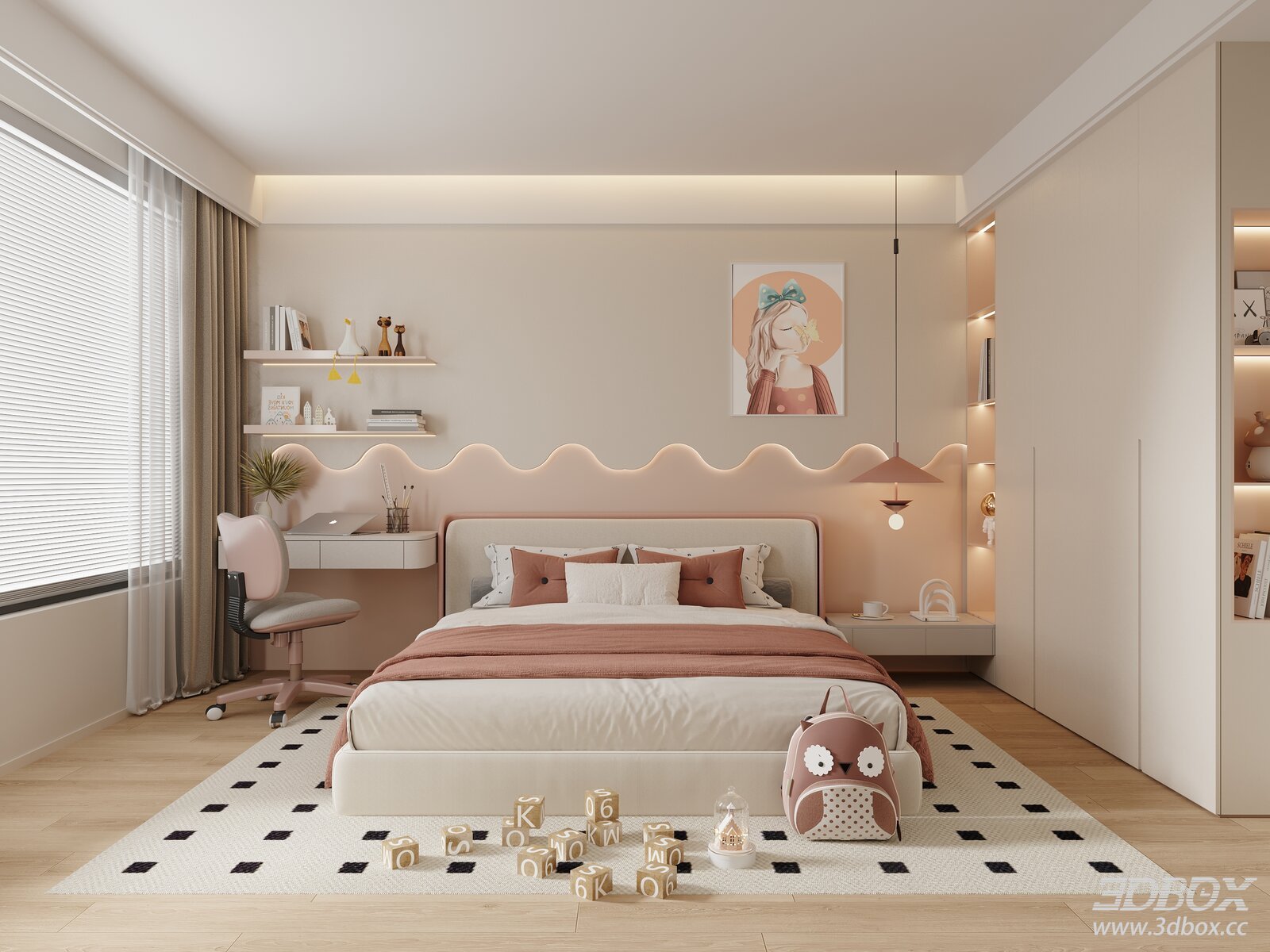 Modern Girl Kid Bedroom with Study Desk and Wardrobe