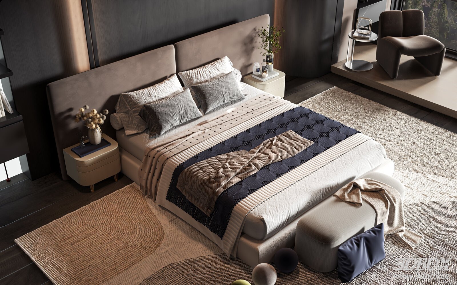 Modern Luxury Upholstered Bedroom Scene