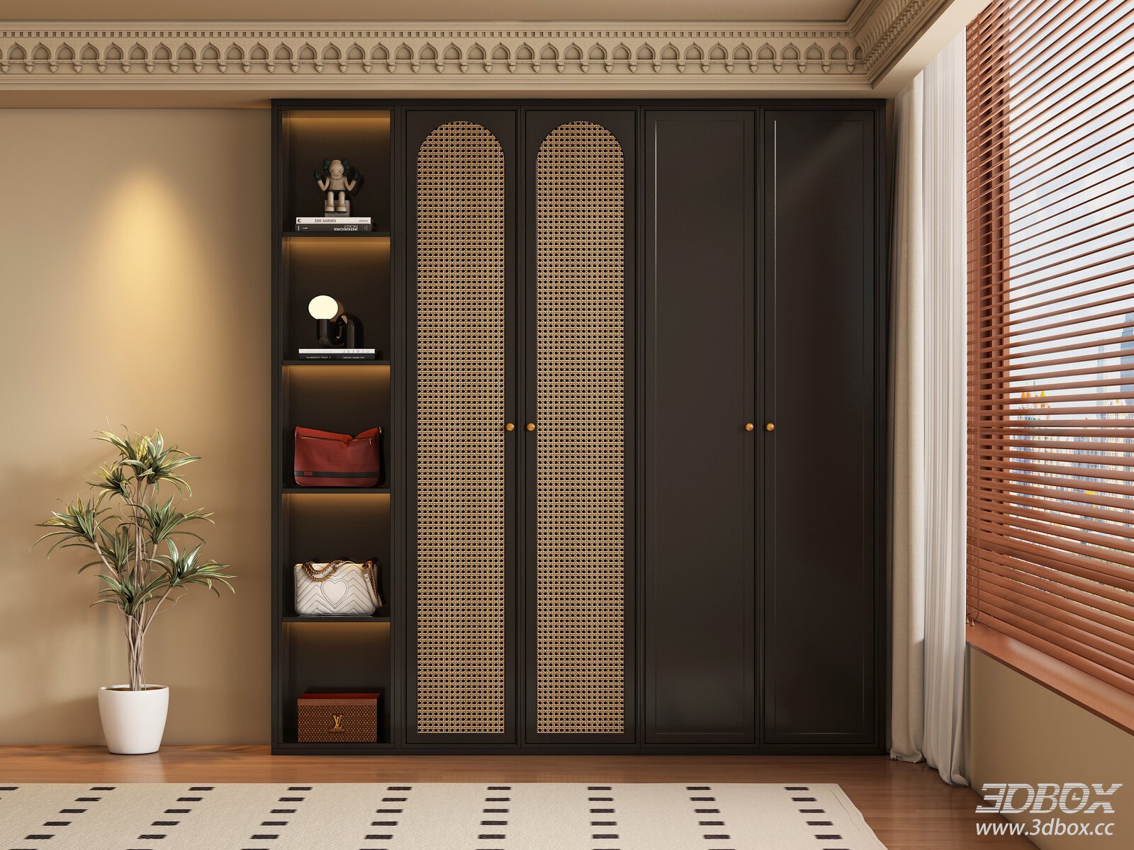 Vintage Rattan Panel Wardrobe with Display Shelf