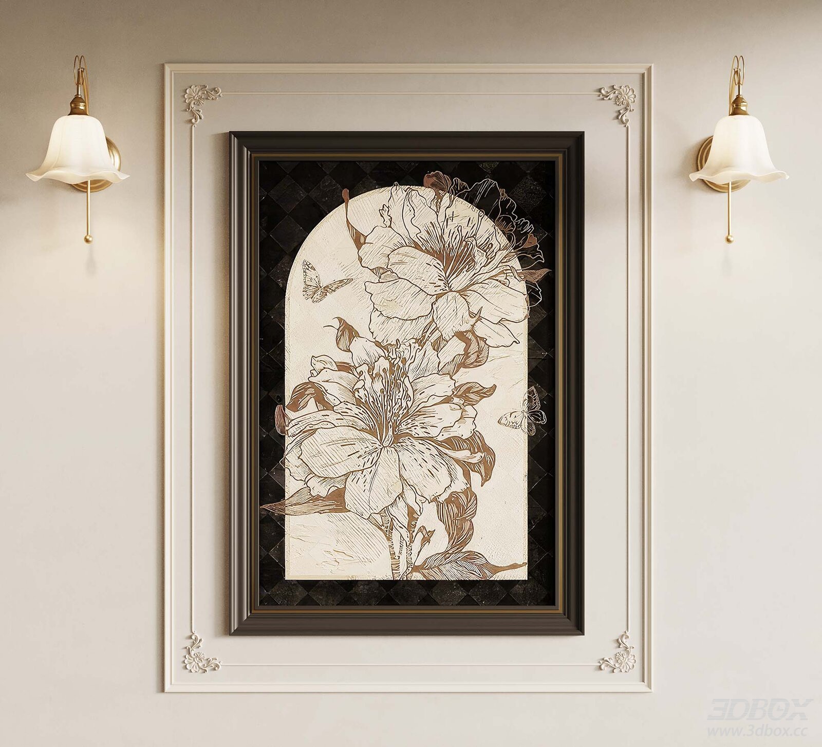 Vintage French Floral Decor Frame with Brass Wall Sconces