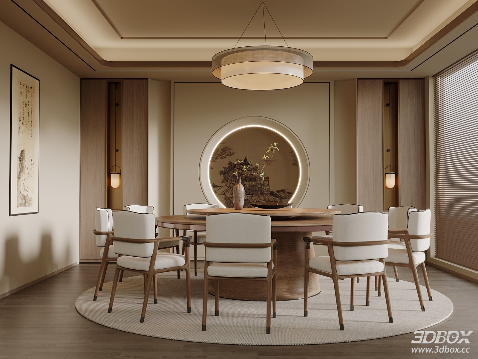 New Chinese Style Private Dining Room with Round Table and Chairs