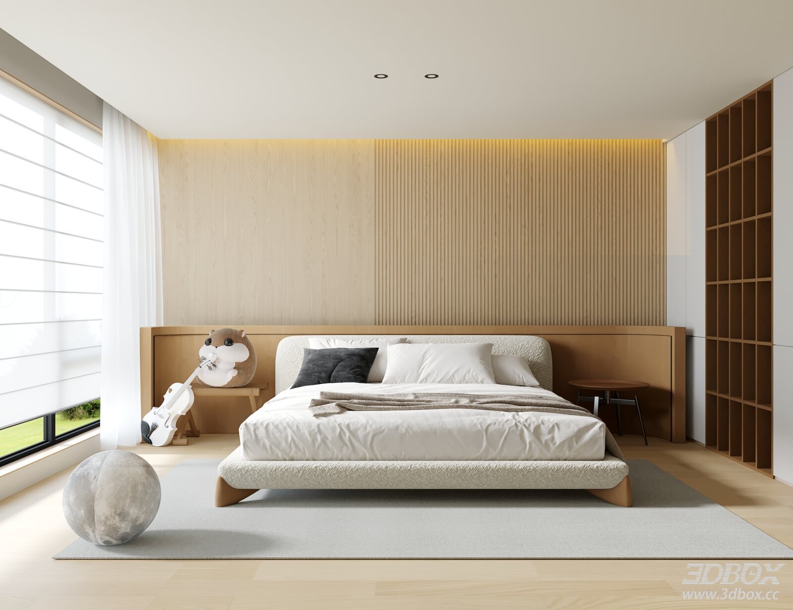 Modern Minimalist Wooden Bedroom Interior Scene