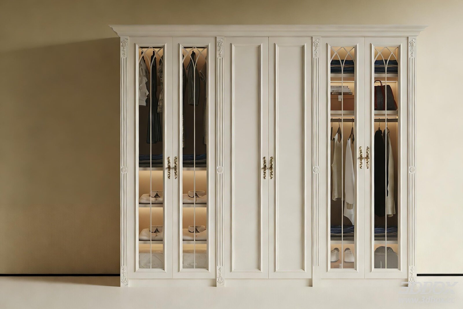 French Style White Glass Door Wardrobe With LED Light