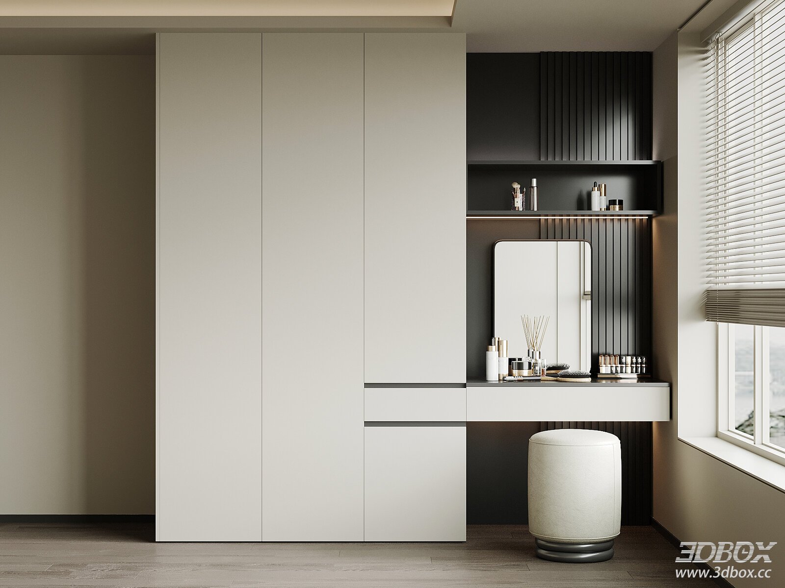 Modern Wardrobe with Dressing Table and Vanity Stool
