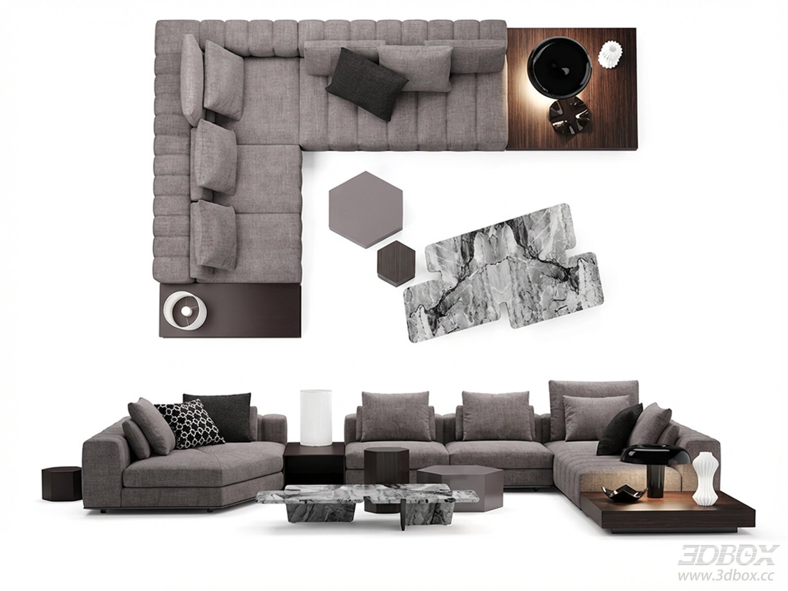 Italian Modern L-shaped Fabric Sofa Set with Coffee Tables
