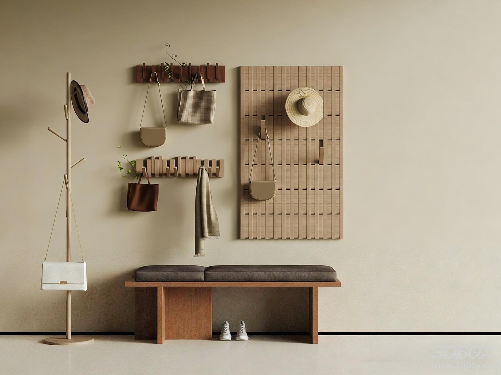 Mid Century Hallway Shoe Bench and Coat Rack Set