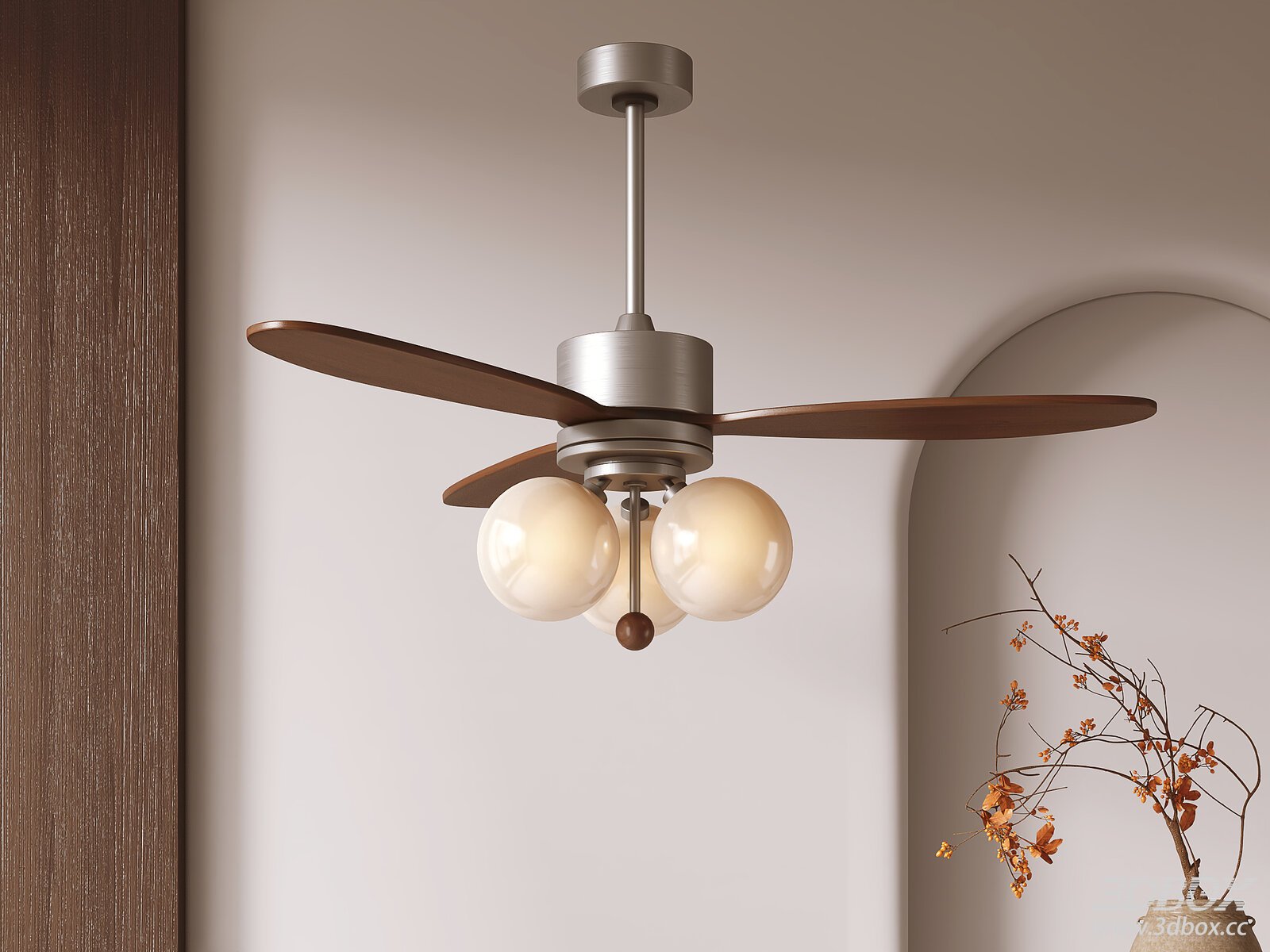Mid Century Ceiling Fan Light with Wooden Blades and Glass Globes