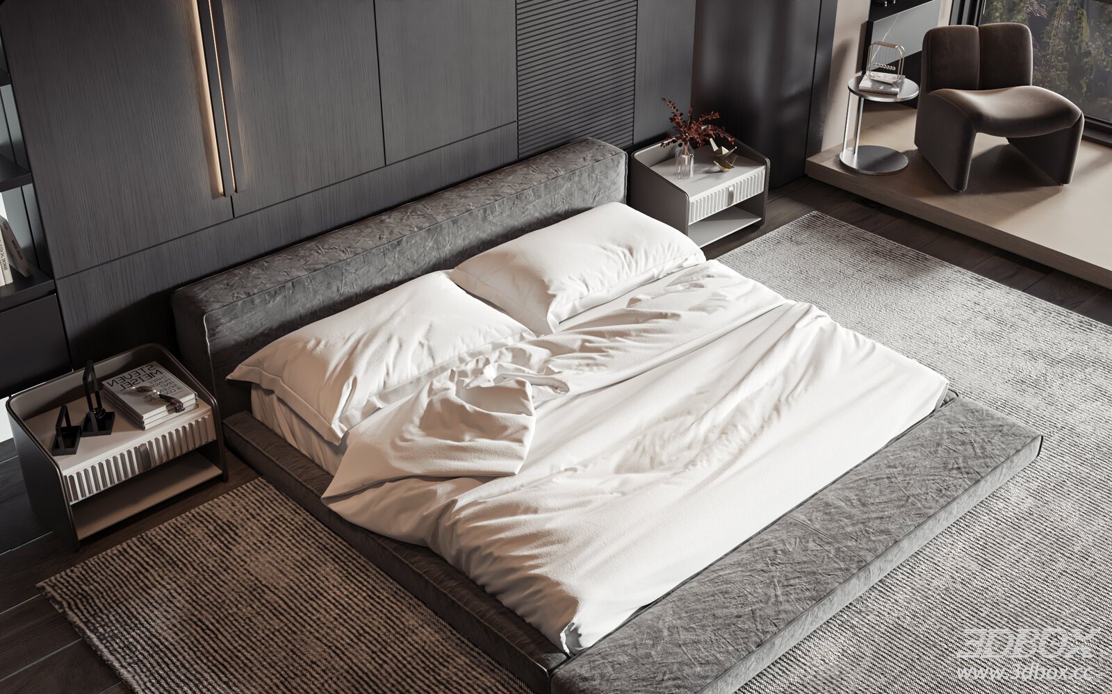 Modern Luxury Minimalist Bedroom Scene with Double Bed