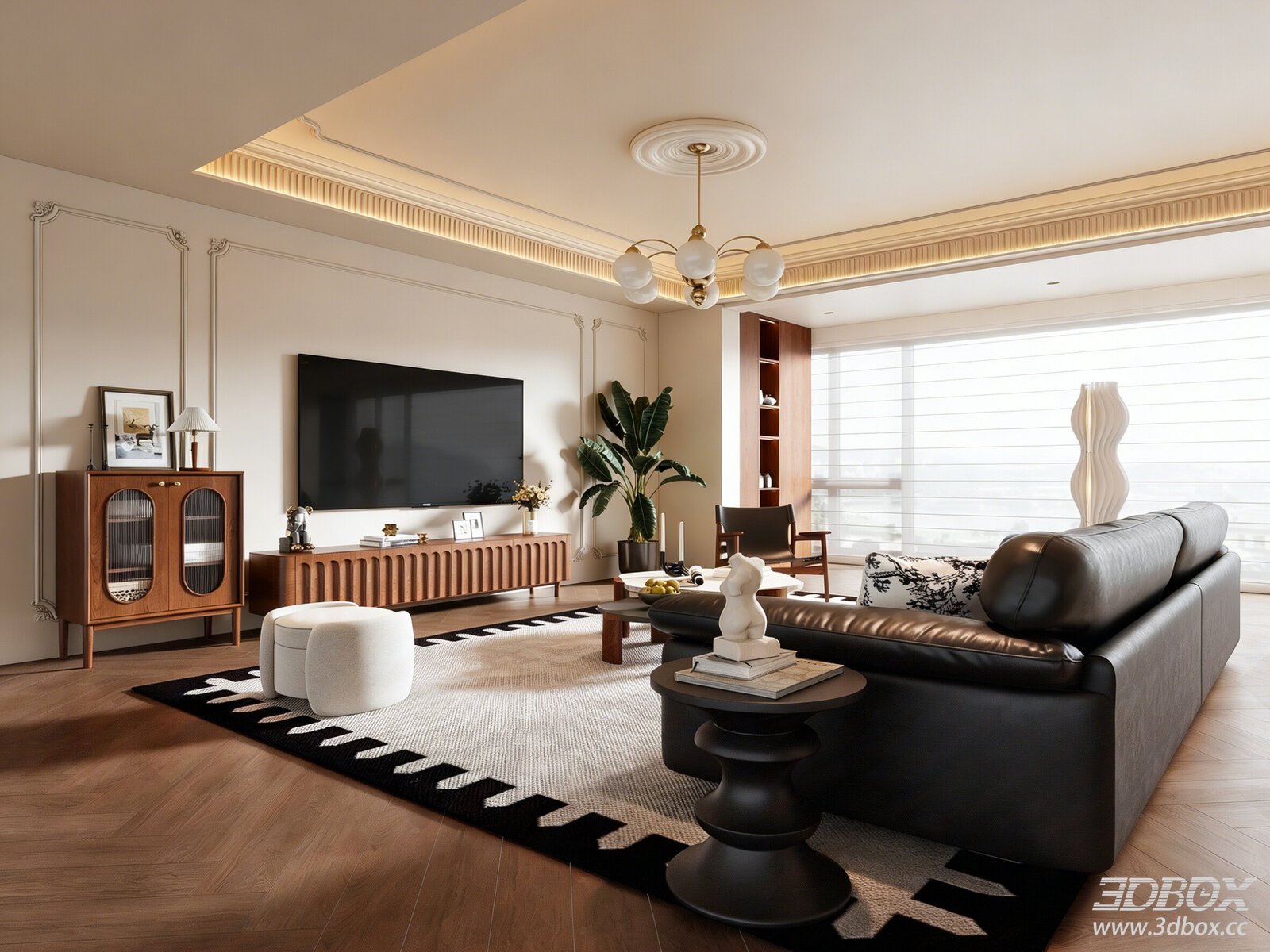 French Vintage Style Living Room with Leather Sofa and TV Cabinet