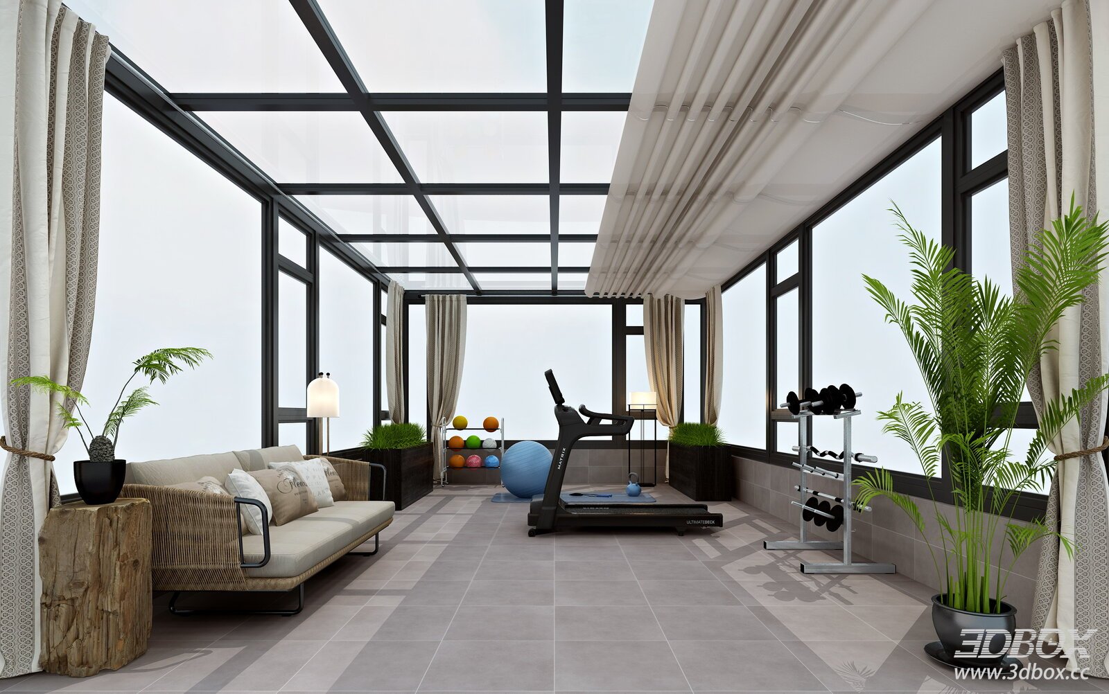 Modern Sunroom Home Gym Interior Scene