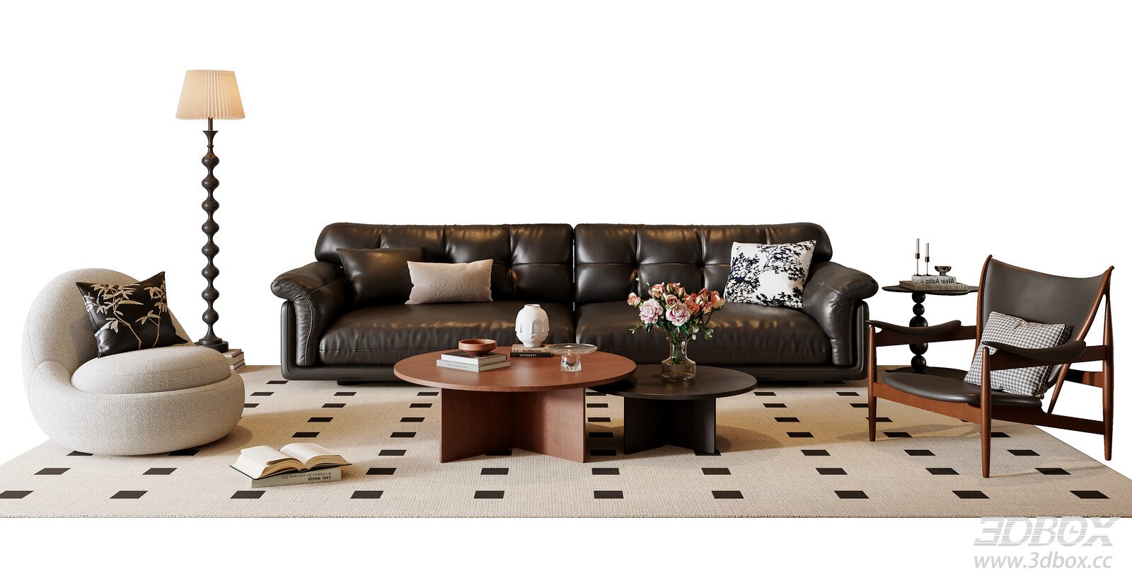 French Mid-century Vintage Leather Sofa Coffee Table Set