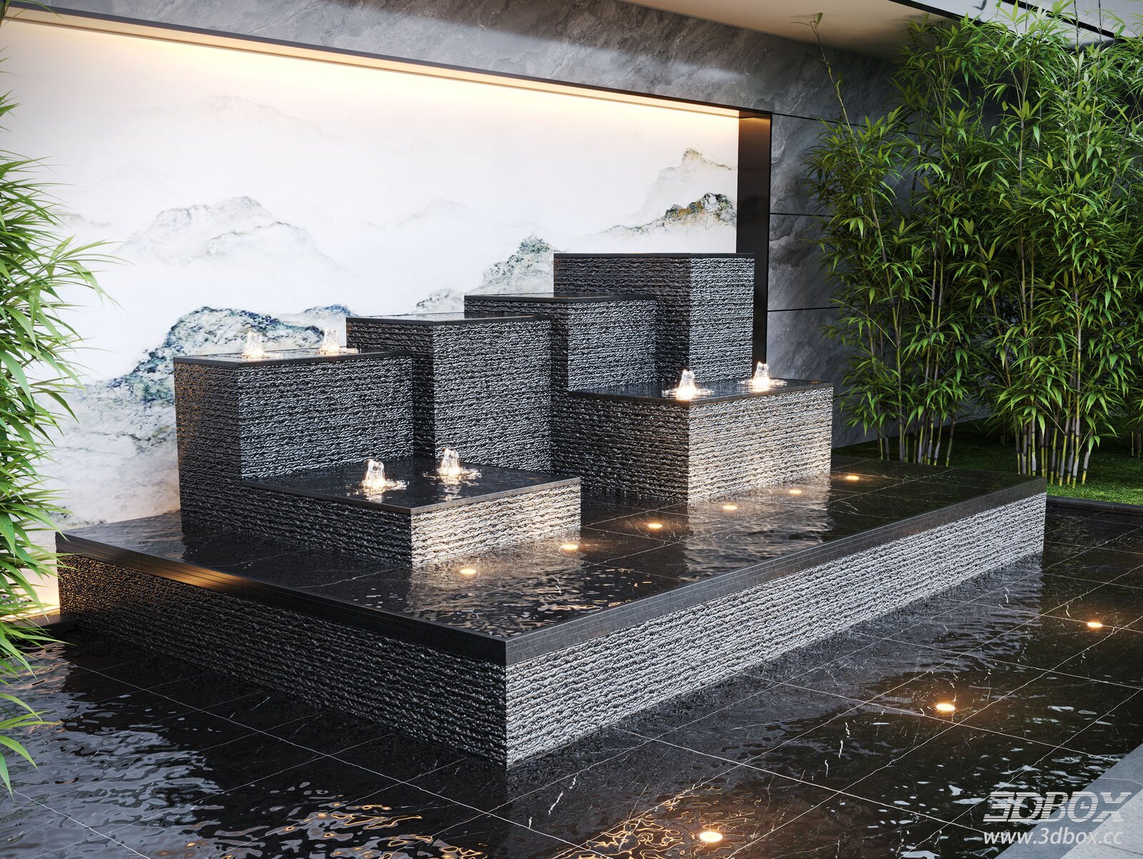 Modern Cascading Water Feature Courtyard Landscape