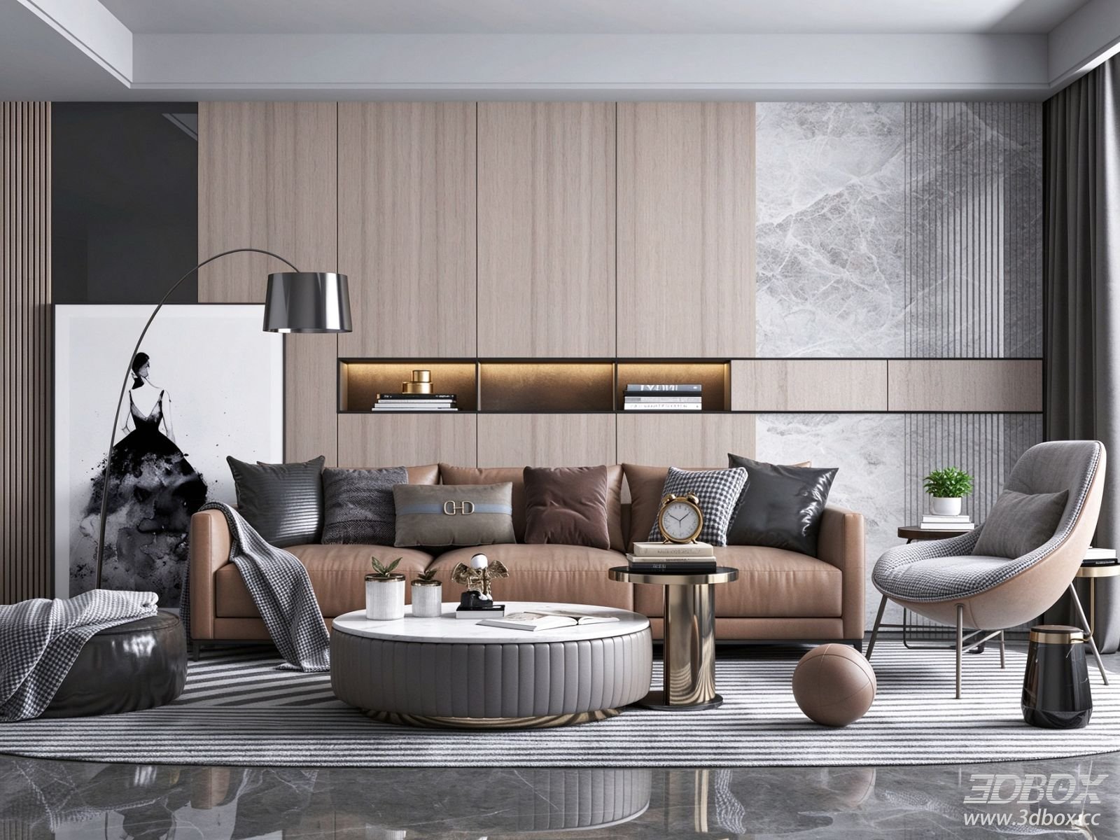 Modern Luxury Living Room with Leather Sofa and Marble Coffee Table