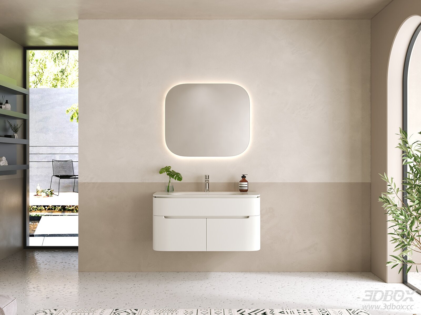 Modern Minimalist Bathroom Scene with Backlit Mirror Vanity