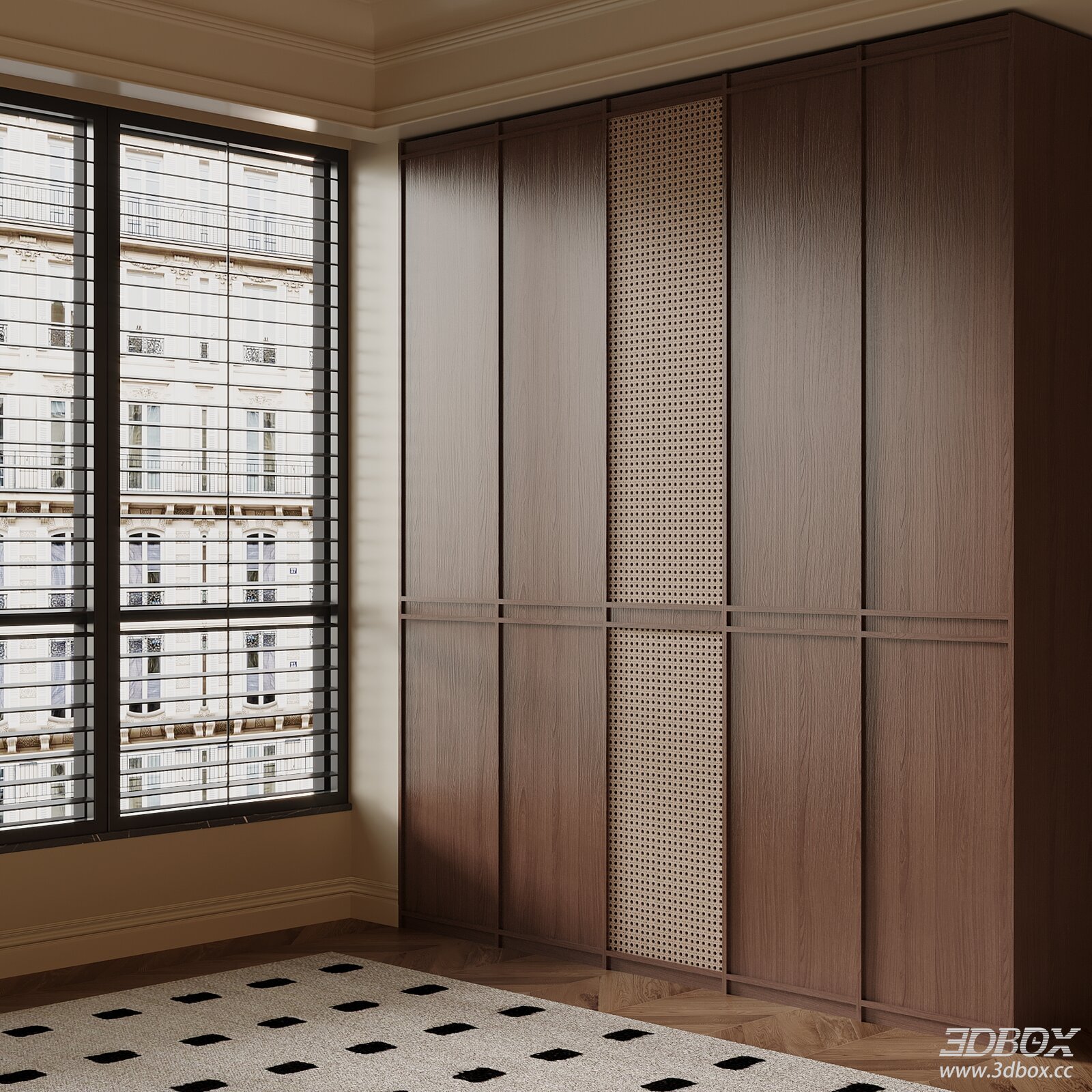 Mid Century Modern Wooden Rattan Sliding Door Wardrobe