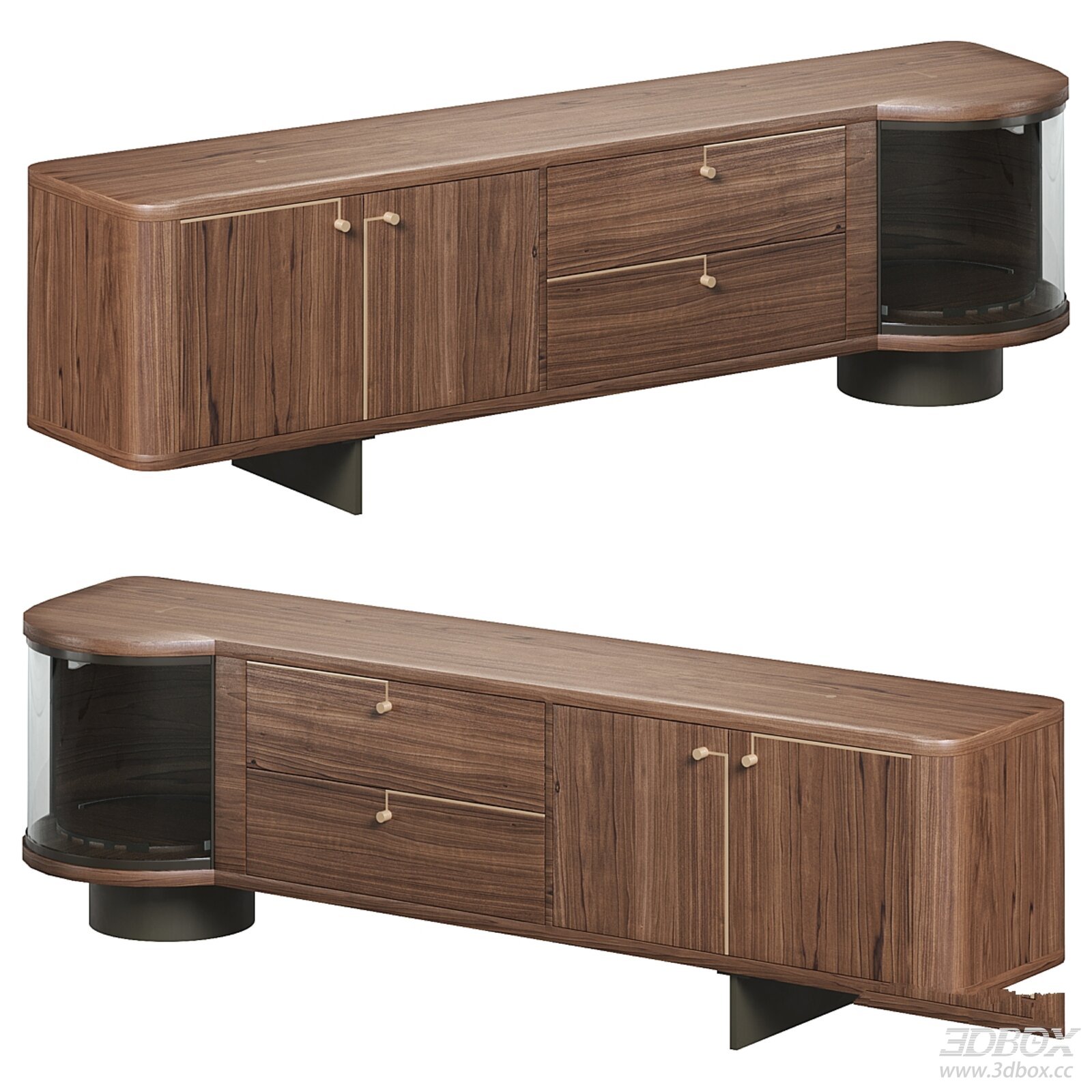 Modern Walnut Wood Sideboard with Glass Display Cabinet