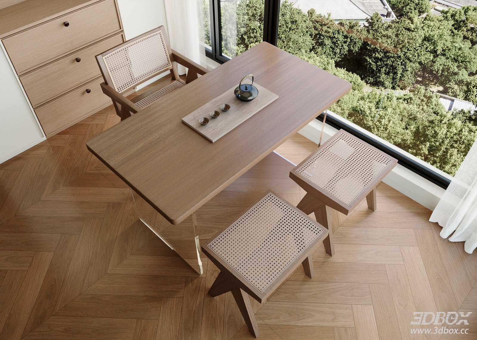 Mid Century Wooden Coffee Table with Rattan Chairs and Tea Set