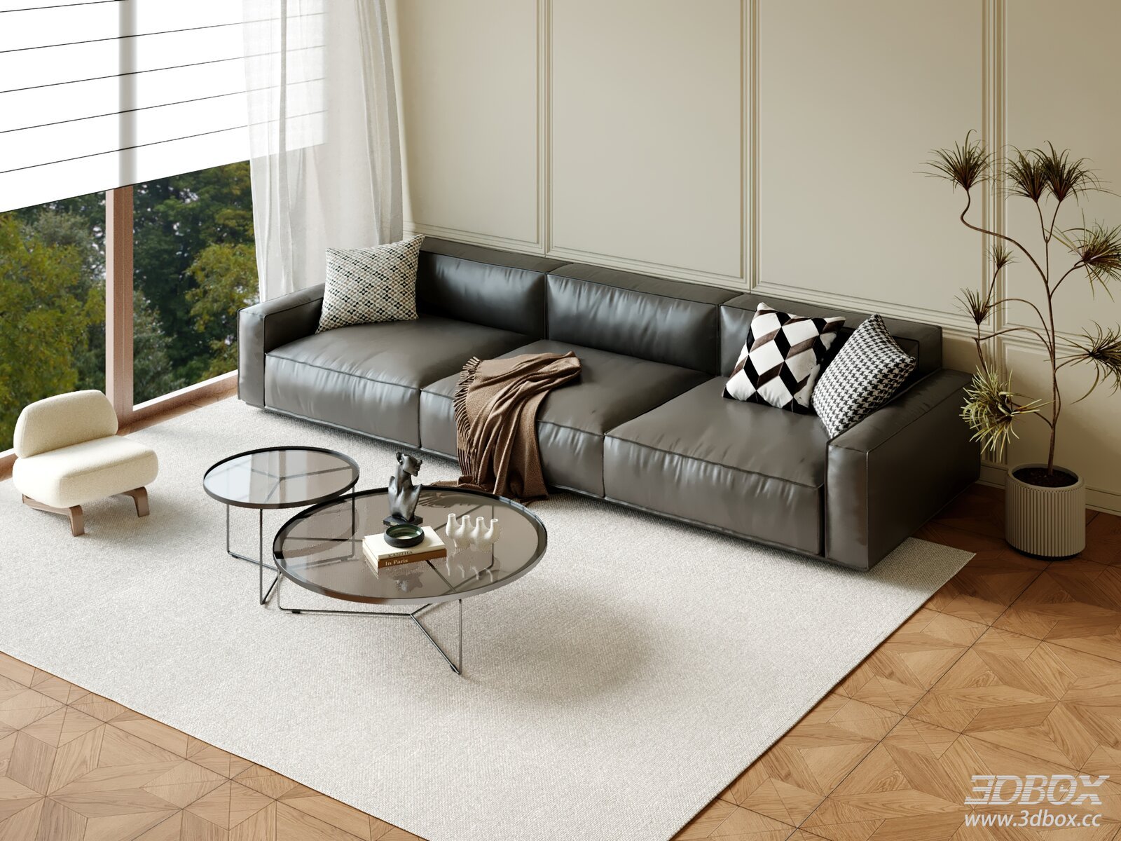 Modern Leather Sofa Set with Glass Coffee Tables