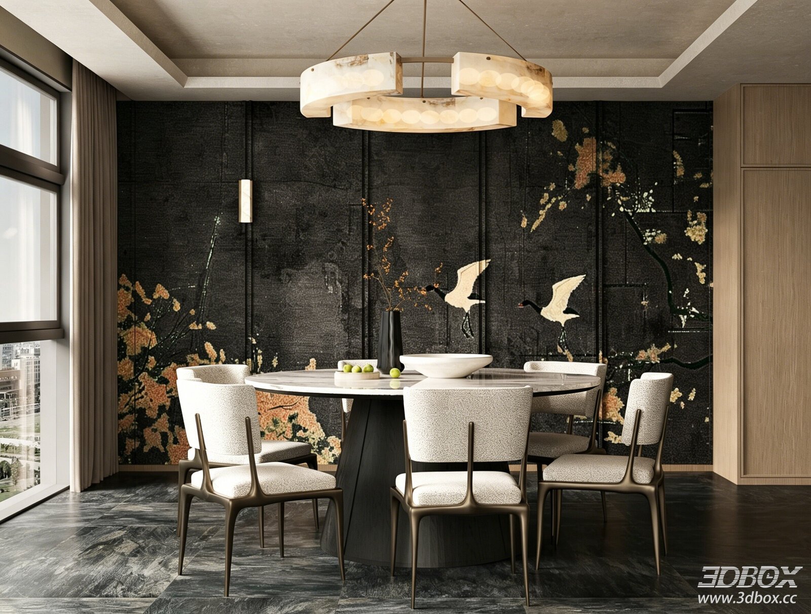 Modern New Chinese Style Luxury Dining Room with Round Marble Table
