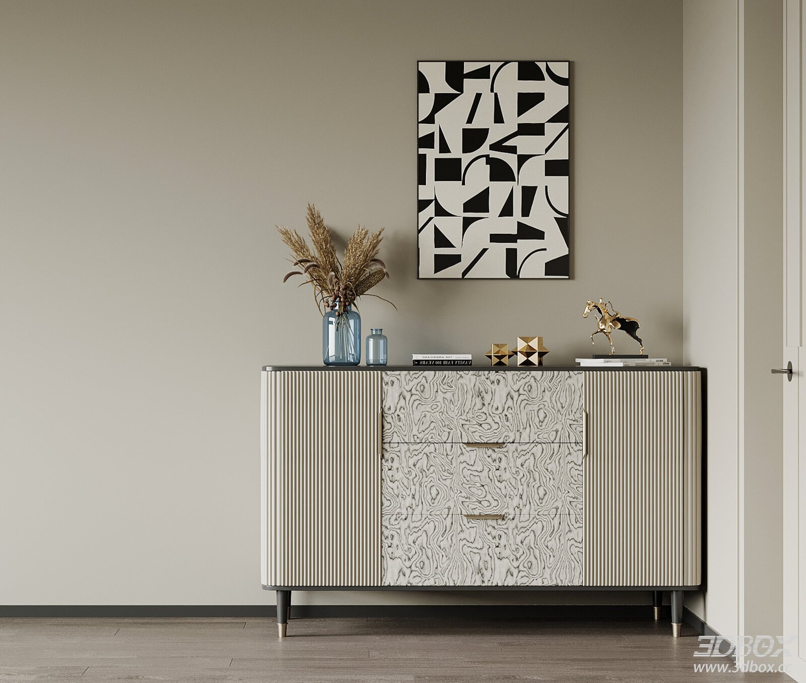 Modern Fluted Sideboard Entryway Cabinet with Decorations